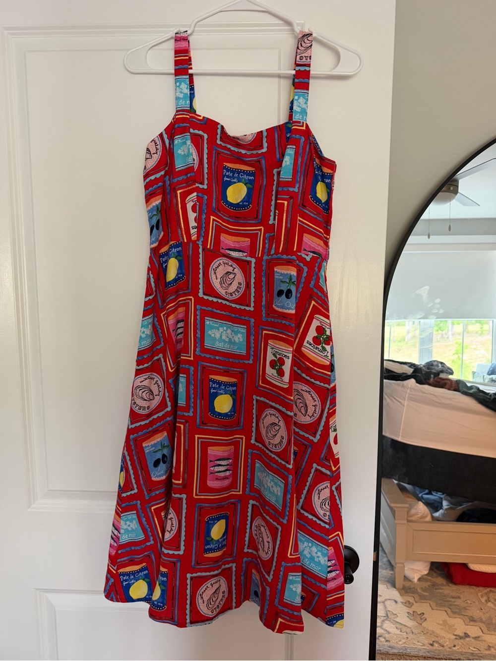LOFT Red Midi Dress with Multicolor Fruit Print
